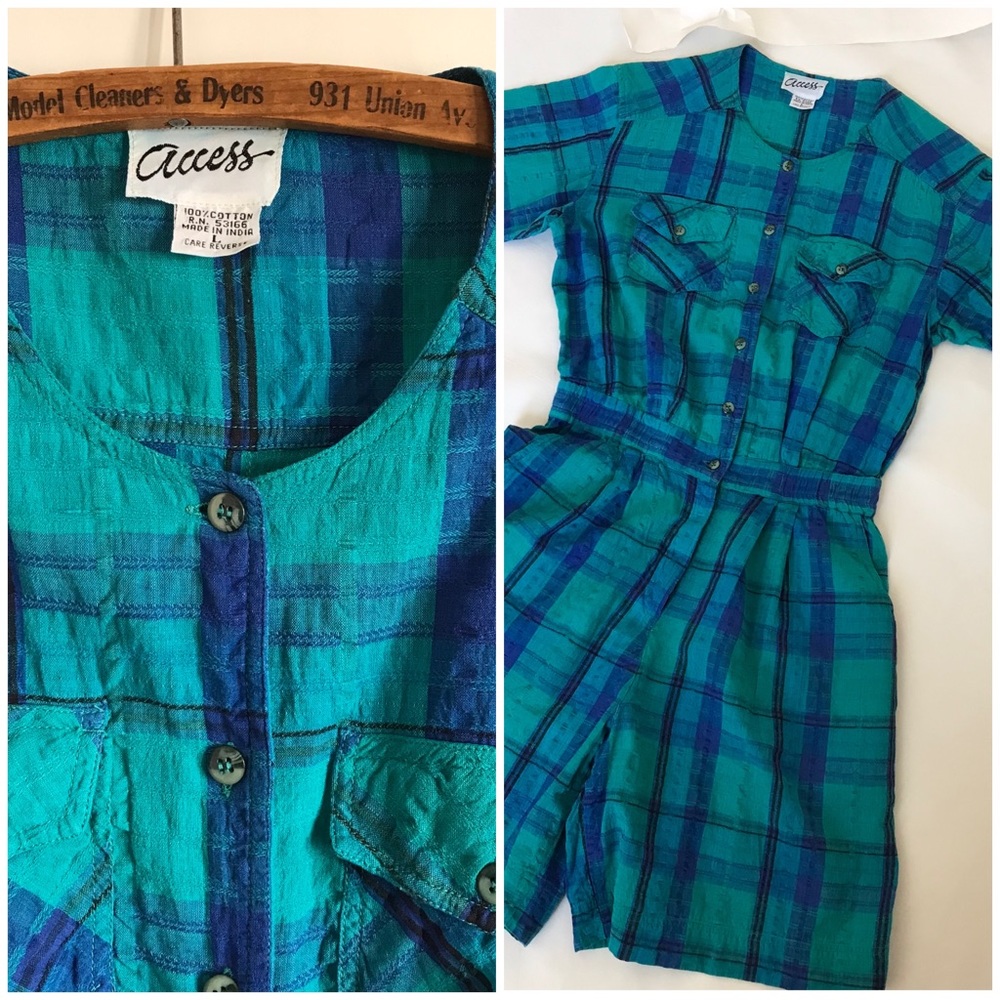 VINTAGE |  80s Romper Short Jumper Indian Cotton Plaid Size Large
